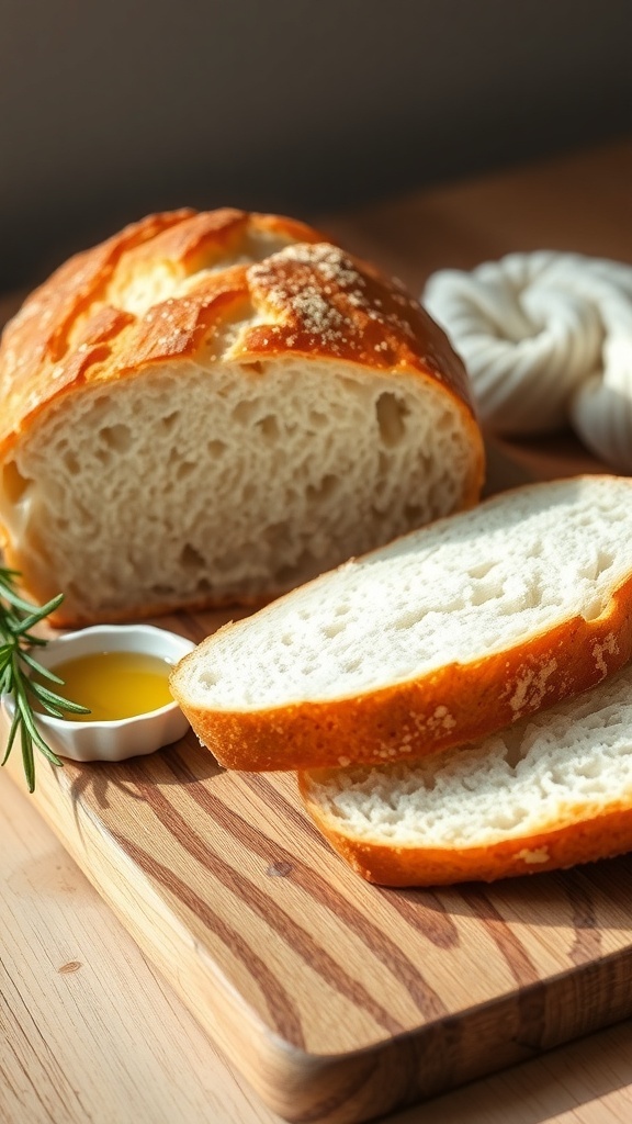 Italian Bread Dough Recipe for Bread Machine Freshly baked Italian bread loaf on a cutting board with rosemary and olive oil.
